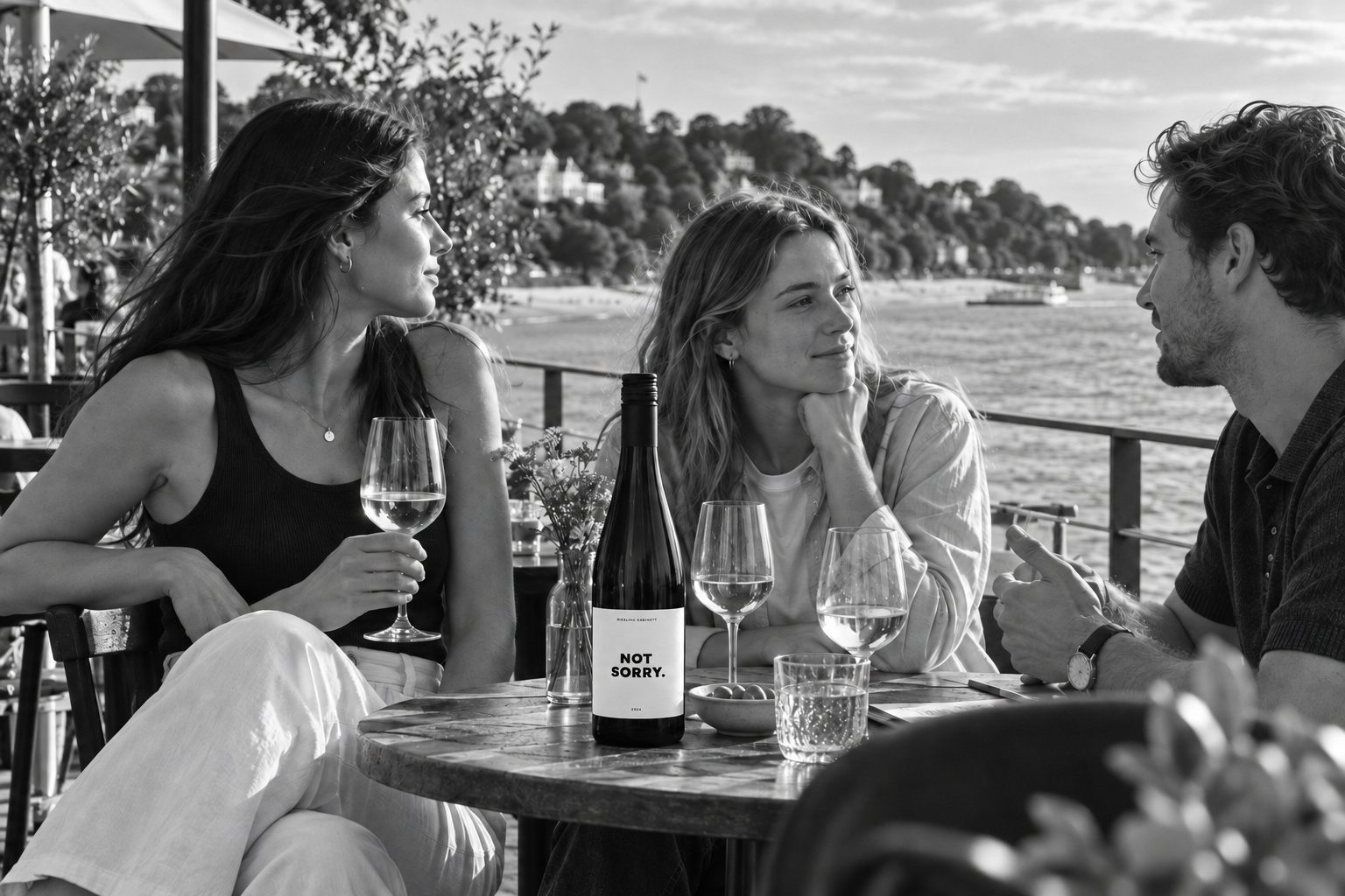 Drei Freunde mit NOT SORRY an einem Tisch an der Elbe, im Hintergrund der Hang von Blankenese